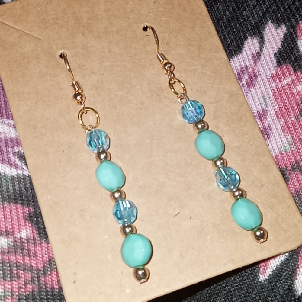 Hand Crafted Cerulean blue aqua and gold crystal earrings pastel blue